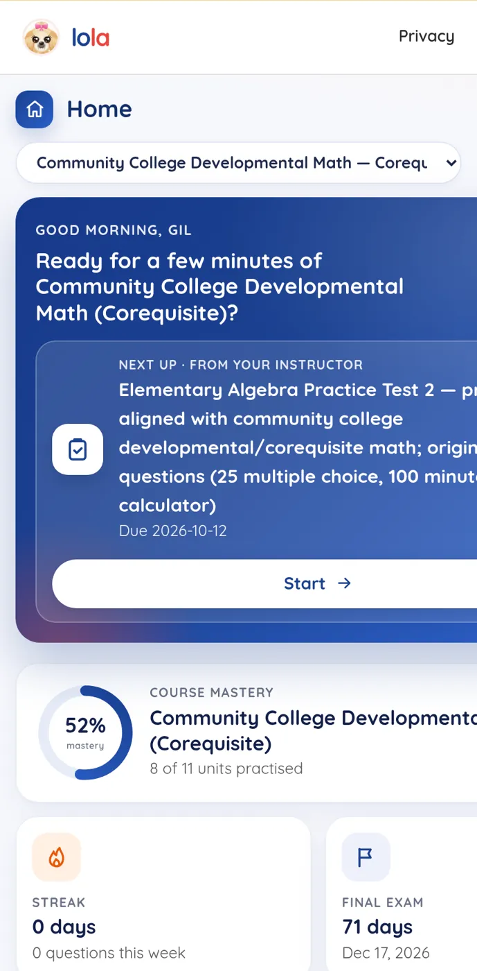 Lola Math on a phone: student home for a demo community college student, with next assignment, course mastery, days to the final exam and practice tests