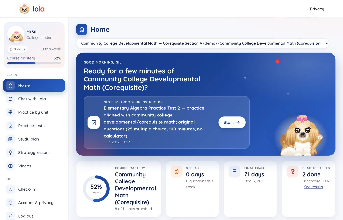 Student home screen for a demo community college student: next assignment from the instructor, course mastery of 52 percent, days to the final exam and two practice tests done