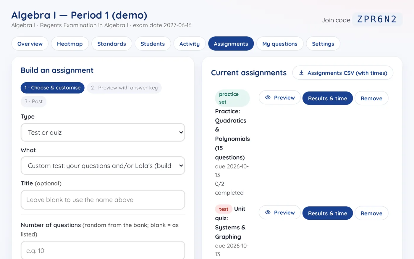 Assignment builder: step 1 choose and customize, step 2 preview with answer key, step 3 post, next to the list of current assignments