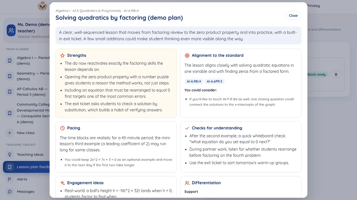 Lesson plan feedback in the teacher portal: upload or paste a plan and read Lola's structured comments